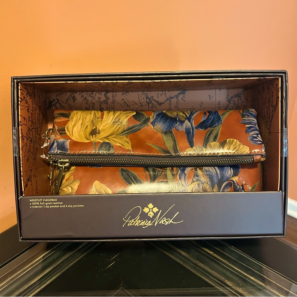 Brand New Patricia Nash fold over leather wristlet (still in & attached to box)